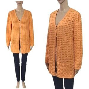 Vintage St John Knit Wool Long Cardigan Women Open Pointelle Knit Sweater Size L